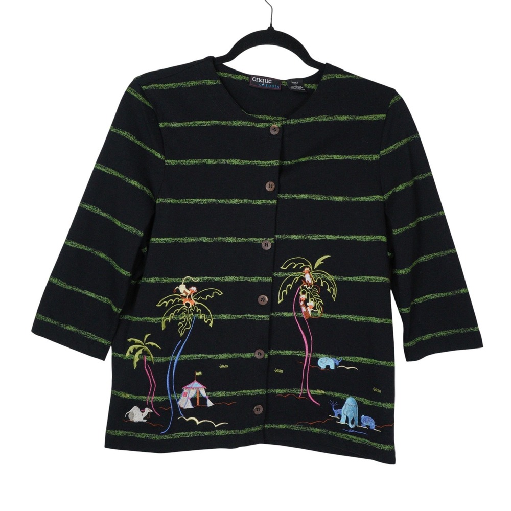 Vintage Onque Casuals Womens Embroidered Safari Striped Shirt Size S Whimsy